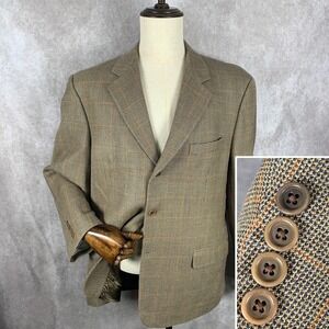 E Thomas Blazer Jacket Men 42R Brown Windowpane Silk Wool Zanieri Sport Coat